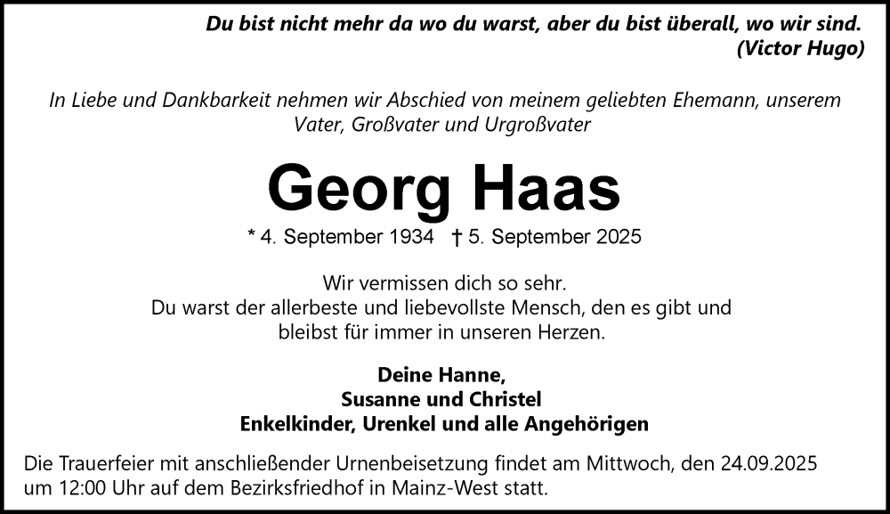  Traueranzeige für Georg Haas vom 13.09.2025 aus Allgemeine Zeitung Mainz