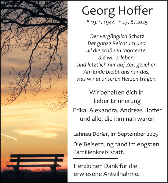 Traueranzeige von Georg Hoffer von Wetzlarer Neue Zeitung