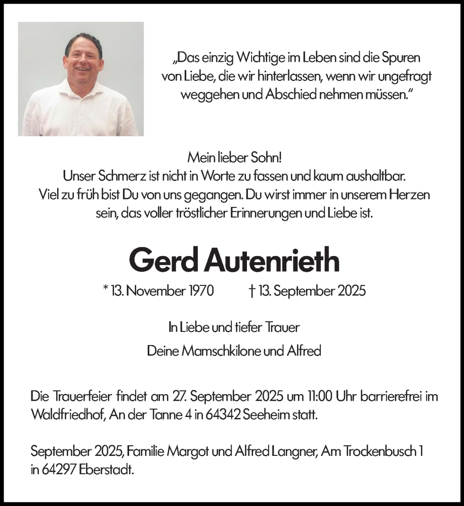  Traueranzeige für Gerd Autenrieth vom 20.09.2025 aus Darmstädter Echo