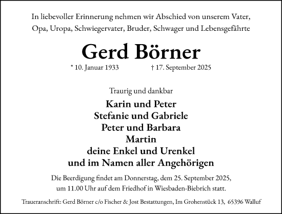 Traueranzeige von Gerd Börner von Wiesbadener Kurier