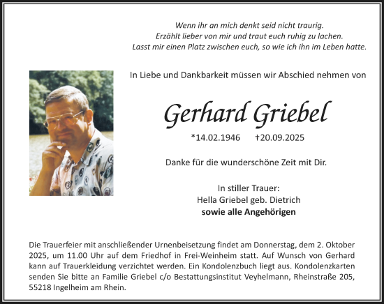 Traueranzeige von Gerhard Griebel von Allgemeine Zeitung Rheinhessen-Nahe