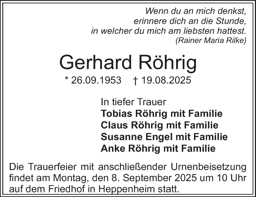  Traueranzeige für Gerhard Röhrig vom 03.09.2025 aus Starkenburger Echo