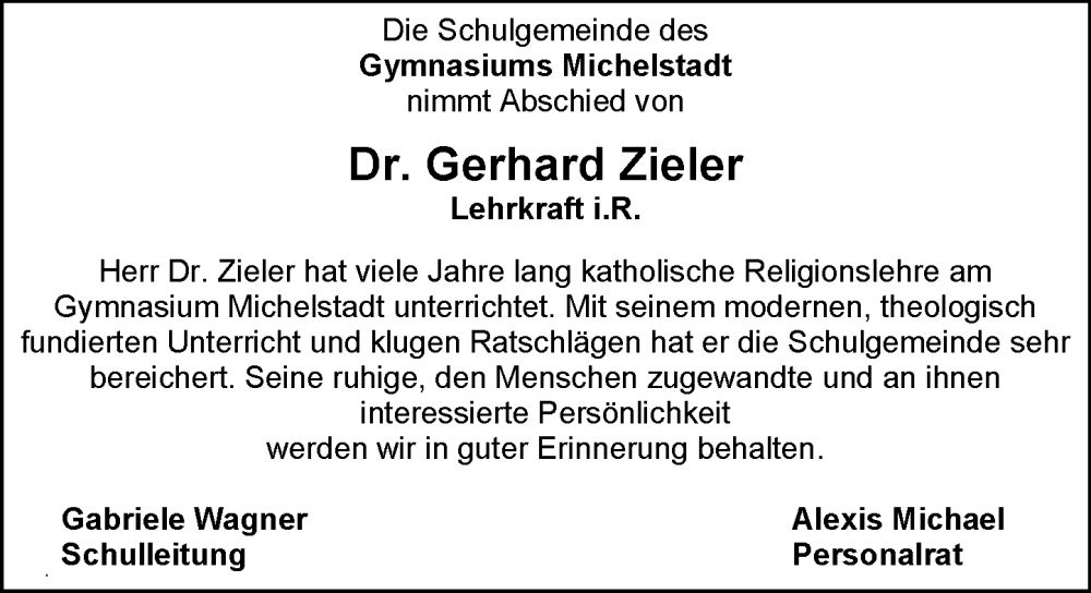  Traueranzeige für Gerhard Zieler vom 06.09.2025 aus Odenwälder Echo