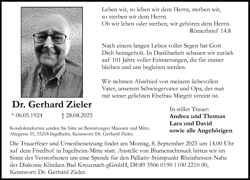 Traueranzeige für Gerhard Zieler vom 30.08.2025 aus Allgemeine Zeitung Rheinhessen-Nahe