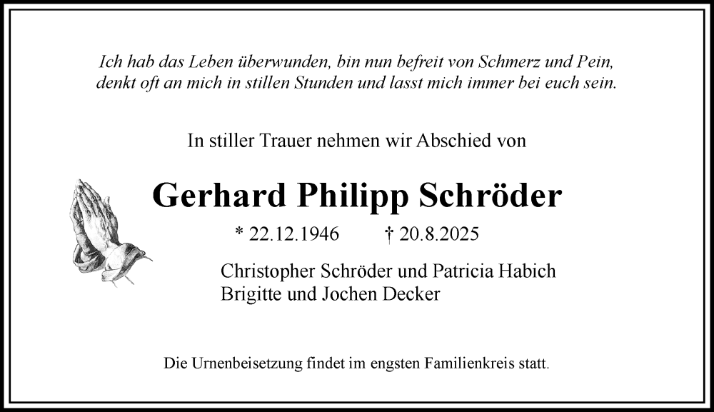  Traueranzeige für Gerhard Philipp Schröder vom 30.08.2025 aus Wiesbadener Kurier