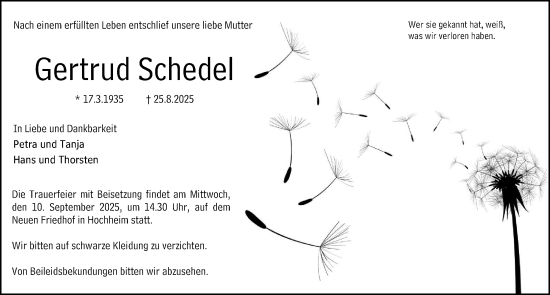 Traueranzeige von Gertrud Schedel von Hochheimer Zeitung