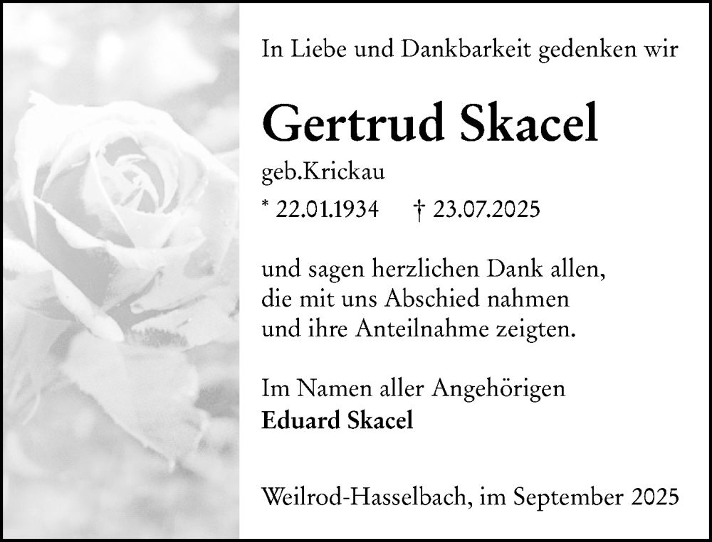  Traueranzeige für Gertrud Skacel vom 11.09.2025 aus Camberger Anzeiger