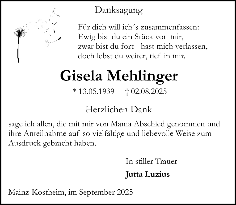  Traueranzeige für Gisela Mehlinger vom 06.09.2025 aus Allgemeine Zeitung Mainz