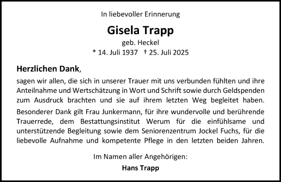 Traueranzeige von Gisela Trapp von Allgemeine Zeitung Mainz