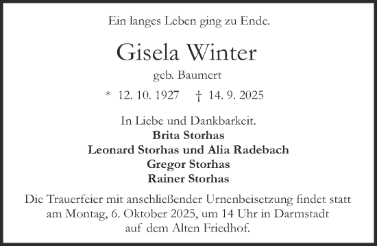 Traueranzeige von Gisela Winter von Darmstädter Echo
