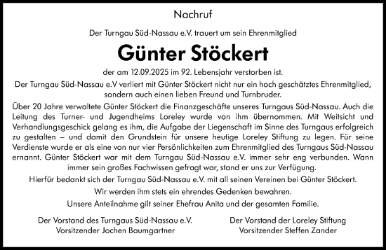 Traueranzeige von Günter Stöckert von Wiesbadener Kurier