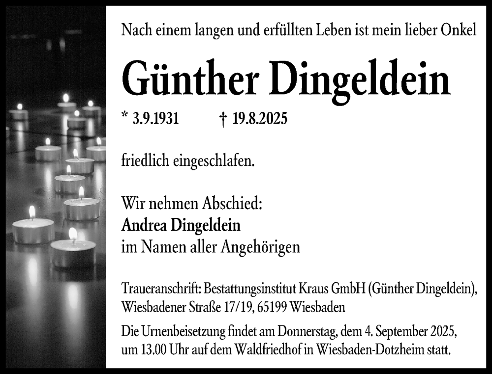 Traueranzeige für Günther Dingeldein vom 30.08.2025 aus Wiesbadener Kurier