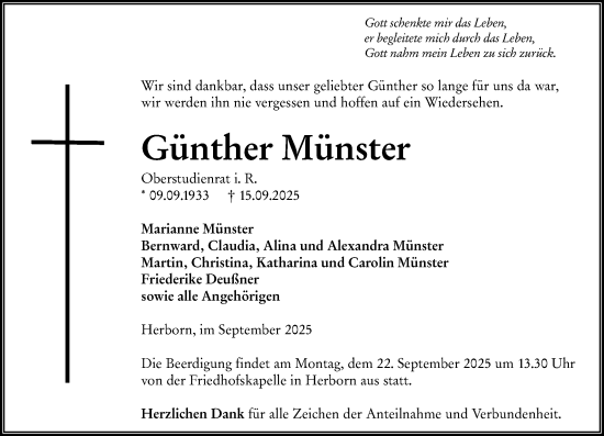 Traueranzeige von Günther Münster von Dill Block