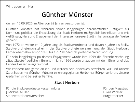 Traueranzeige von Günther Münster von Dill Block