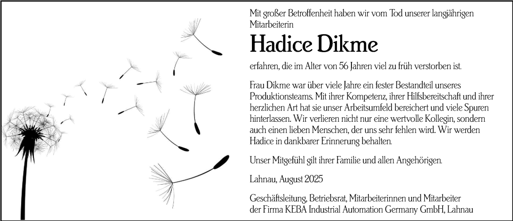  Traueranzeige für Hadice Dikme vom 30.08.2025 aus Wetzlarer Neue Zeitung