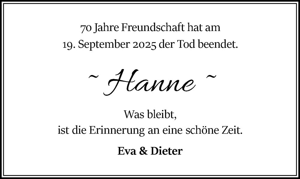  Traueranzeige für Hanne Reubold vom 27.09.2025 aus Odenwälder Echo