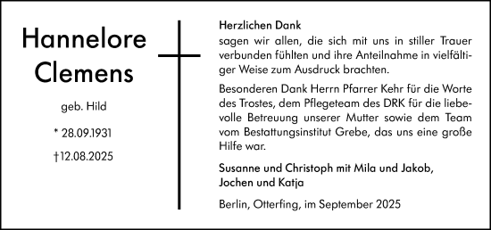 Traueranzeige von Hannelore Clemens von Hinterländer Anzeiger