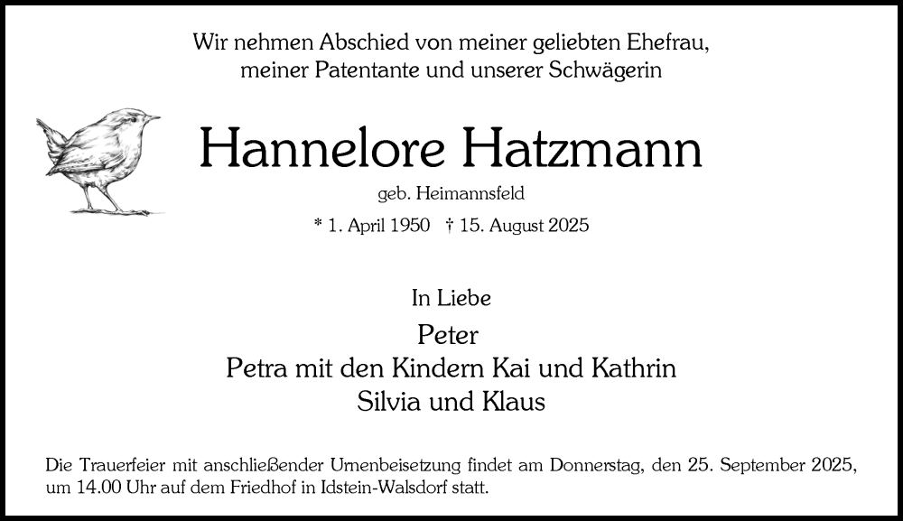  Traueranzeige für Hannelore Hatzmann vom 11.09.2025 aus Camberger Anzeiger