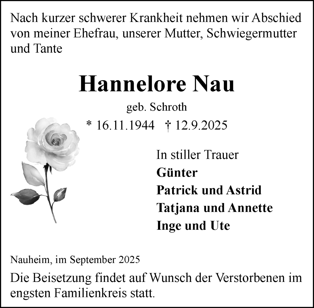  Traueranzeige für Hannelore Nau vom 20.09.2025 aus Rüsselsheimer Echo