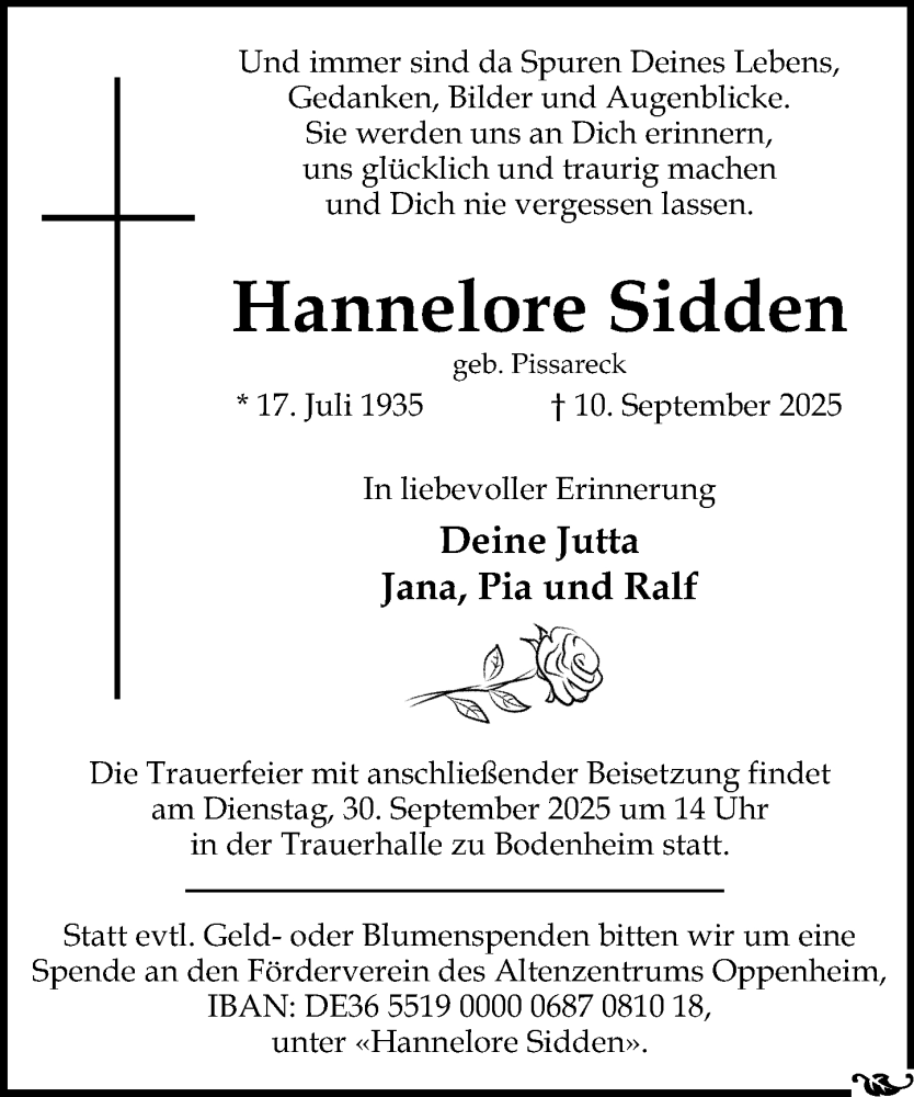  Traueranzeige für Hannelore Sidden vom 20.09.2025 aus Allgemeine Zeitung Mainz