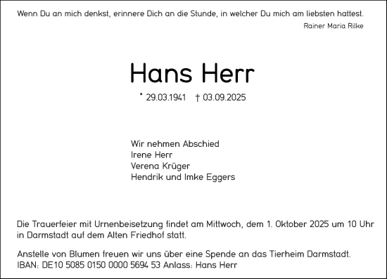 Traueranzeige von Hans Herr von Darmstädter Echo