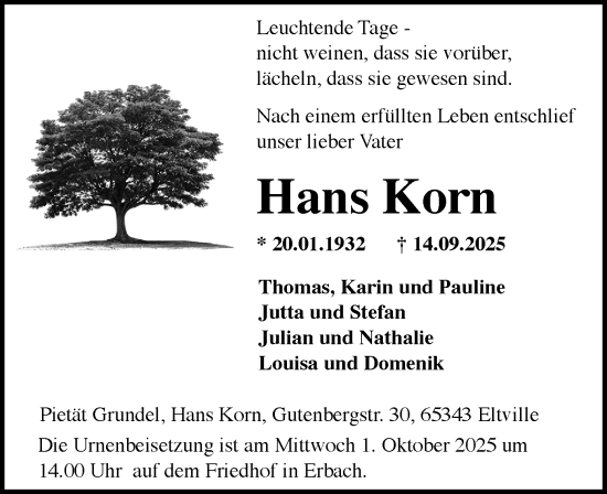 Traueranzeige von Hans Korn von Rheingau Kurier