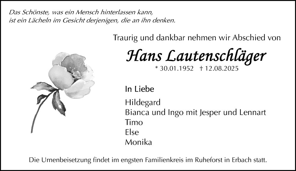  Traueranzeige für Hans Lautenschläger vom 06.09.2025 aus Odenwälder Echo