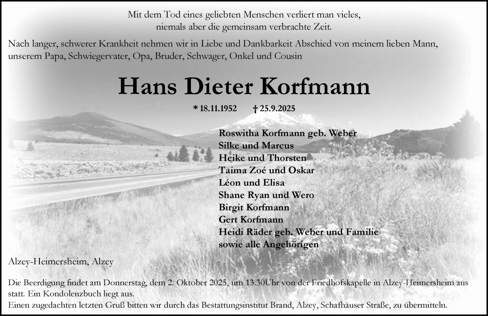  Traueranzeige für Hans Dieter Korfmann vom 30.09.2025 aus Allgemeine Zeitung Alzey