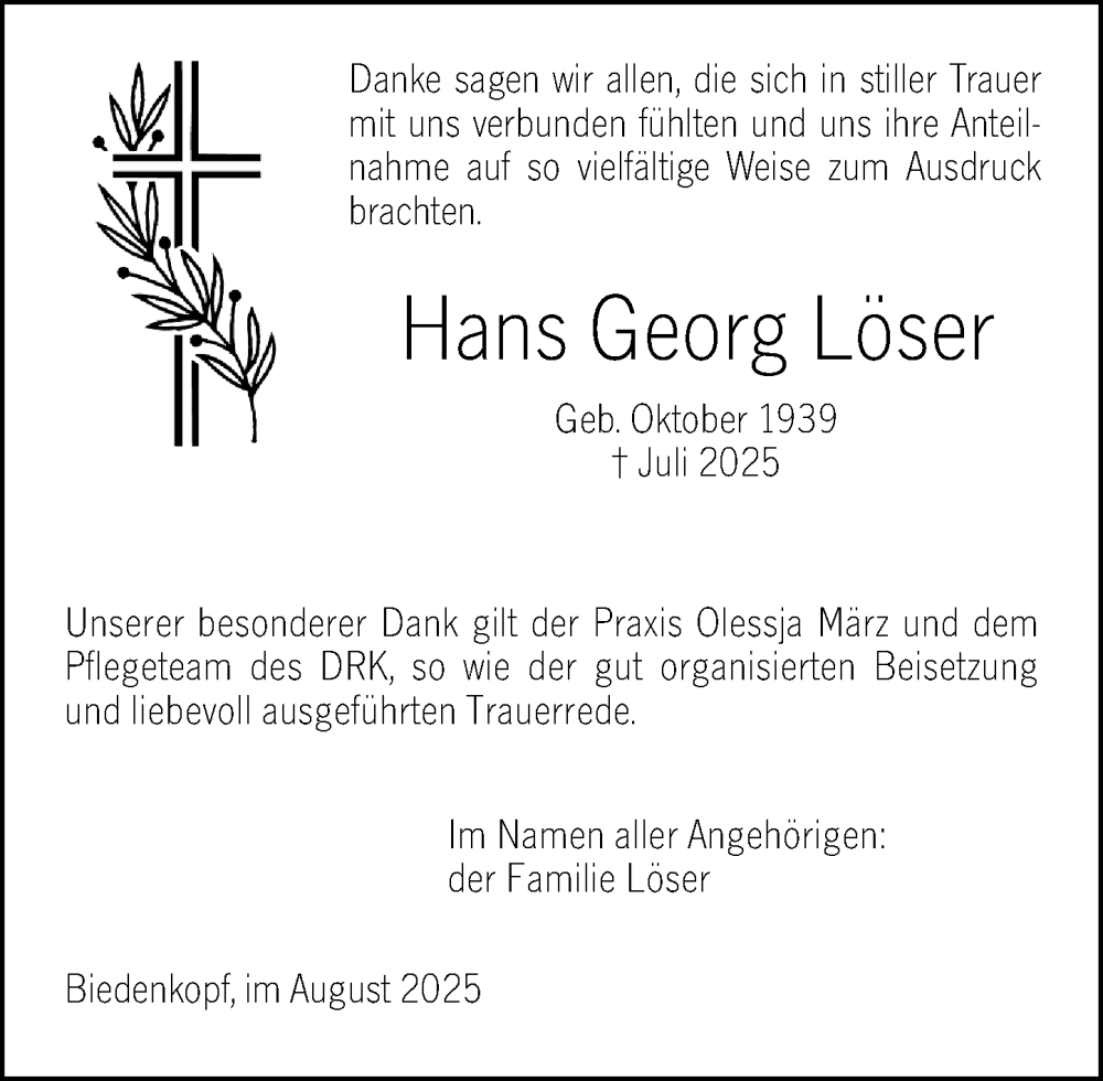  Traueranzeige für Hans Georg Löser vom 30.08.2025 aus Hinterländer Anzeiger