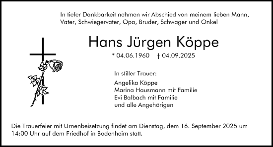 Traueranzeige von Hans Jürgen Köppe von Allgemeine Zeitung Mainz