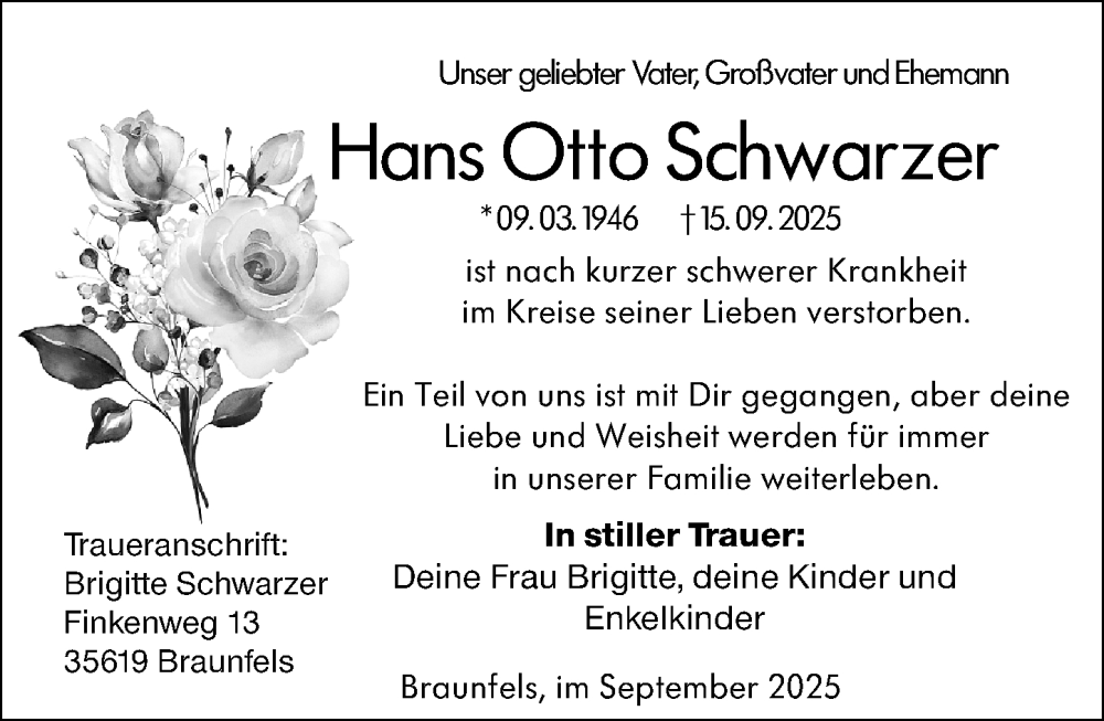  Traueranzeige für Hans Otto Schwarzer vom 23.09.2025 aus Weilburger Tageblatt