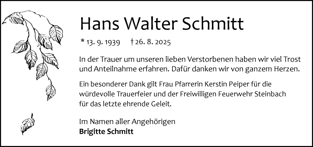  Traueranzeige für Hans Walter Schmitt vom 20.09.2025 aus Odenwälder Echo