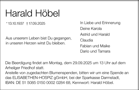 Traueranzeige von Harald Höbel von Darmstädter Echo