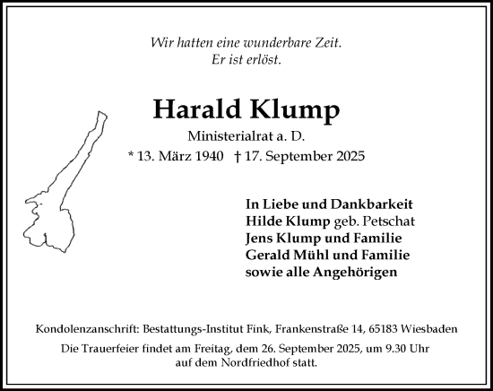 Traueranzeige von Harald Klump von Wiesbadener Kurier