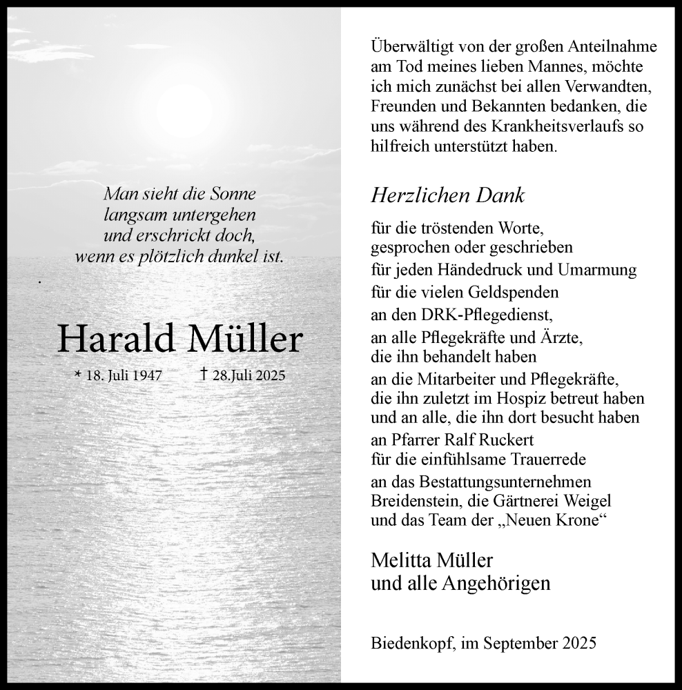  Traueranzeige für Harald Müller vom 06.09.2025 aus Hinterländer Anzeiger
