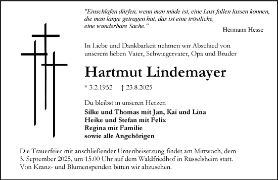 Traueranzeige von Hartmut Lindemayer von Rüsselsheimer Echo