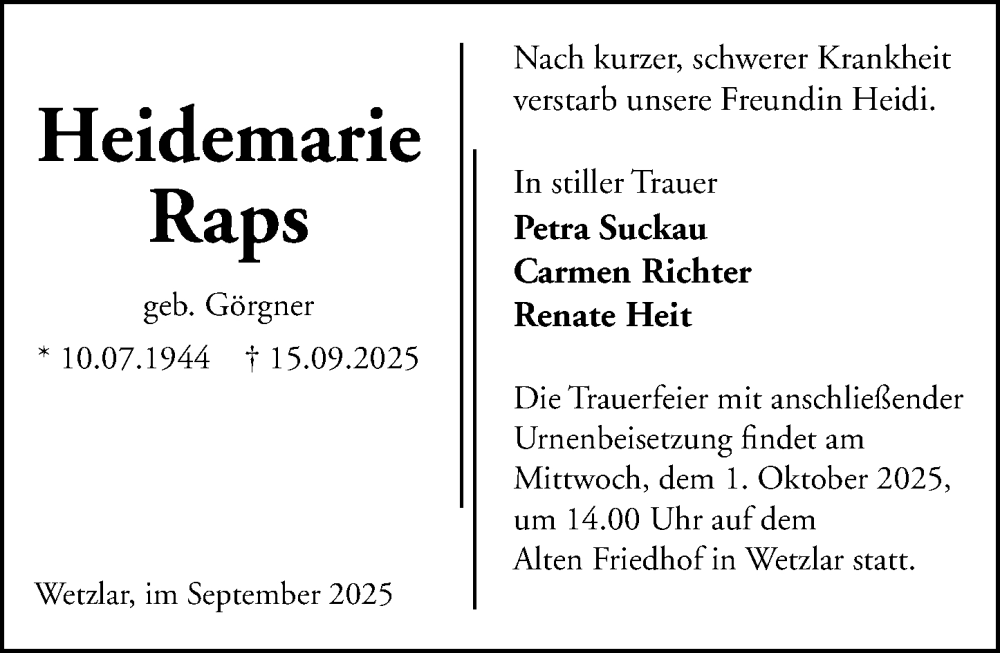  Traueranzeige für Heidemarie Raps vom 27.09.2025 aus Wetzlarer Neue Zeitung