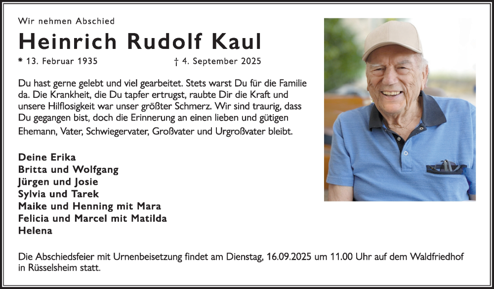  Traueranzeige für Heinrich Rudolf Kaul vom 13.09.2025 aus Rüsselsheimer Echo