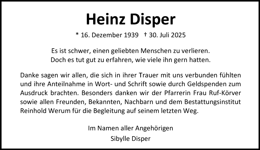  Traueranzeige für Heinz Disper vom 30.08.2025 aus Allgemeine Zeitung Mainz