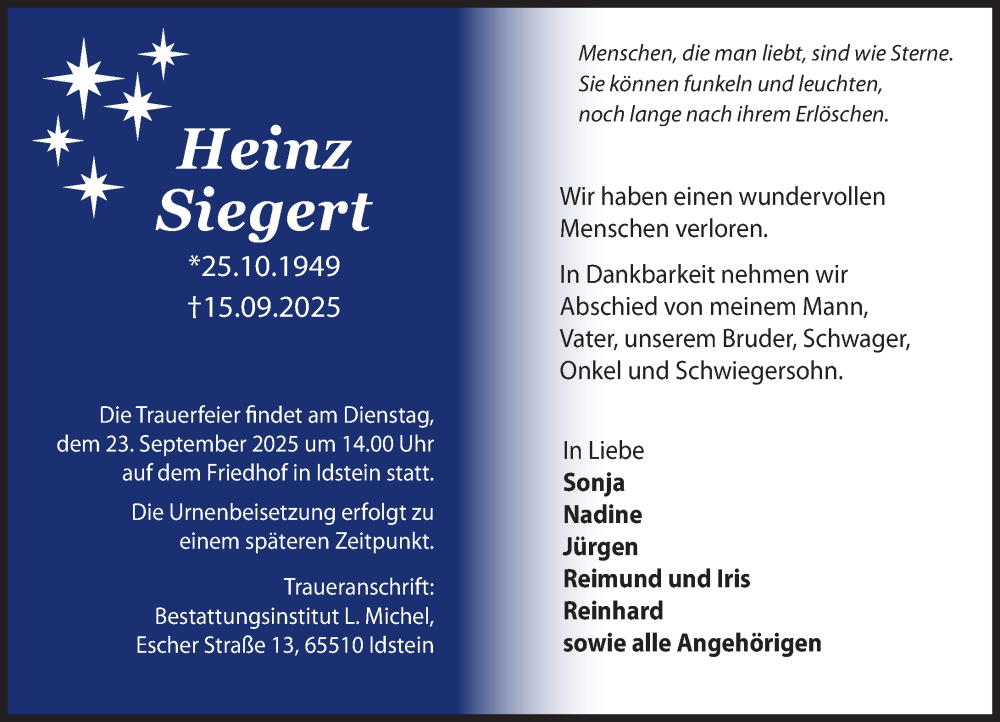  Traueranzeige für Heinz Siegert vom 20.09.2025 aus Idsteiner Land/Untertaunus