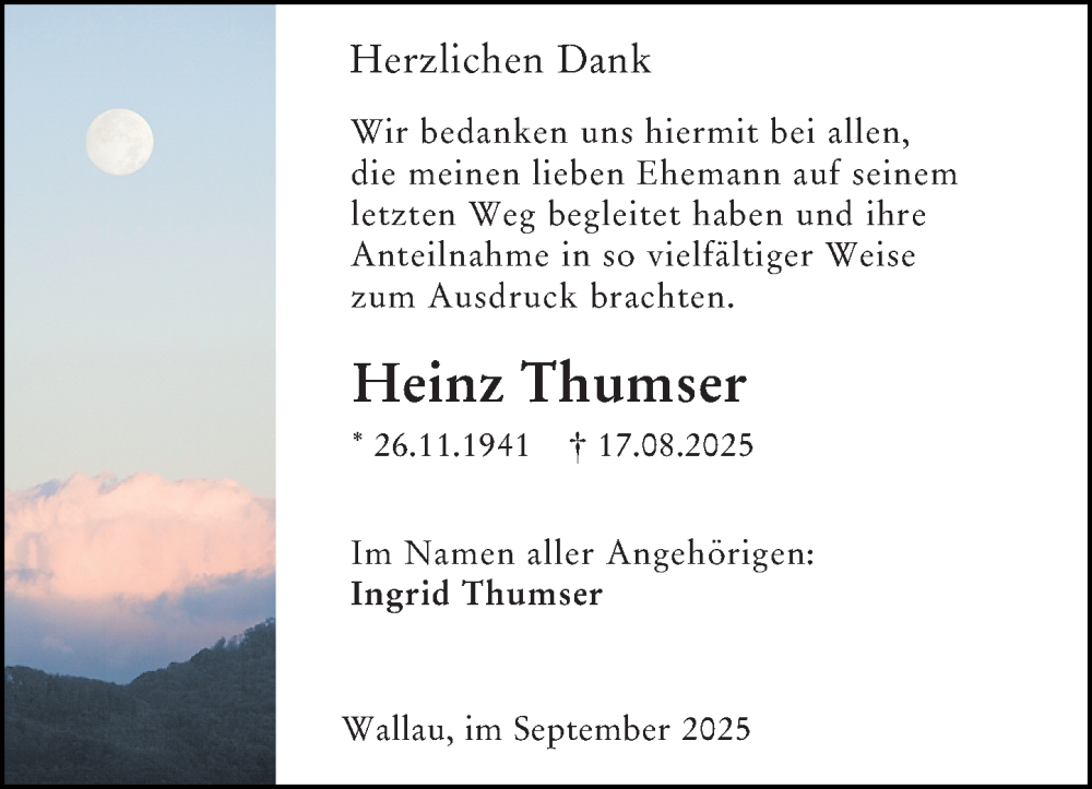  Traueranzeige für Heinz Thumser vom 05.09.2025 aus Hinterländer Anzeiger
