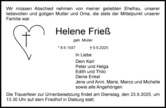 Traueranzeige von Helene Frieß von Dieburger Anzeiger/Groß-Zimmerner Lokal-Anzeiger