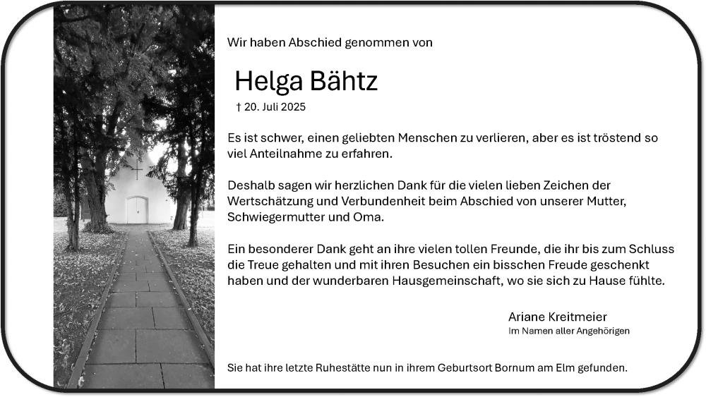  Traueranzeige für Helga Bähtz vom 05.09.2025 aus Hochheimer Zeitung