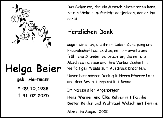 Traueranzeige von Helga Beier von Allgemeine Zeitung Alzey