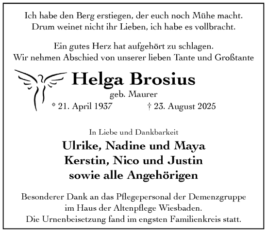 Traueranzeige von Helga Brosius von Wiesbadener Kurier