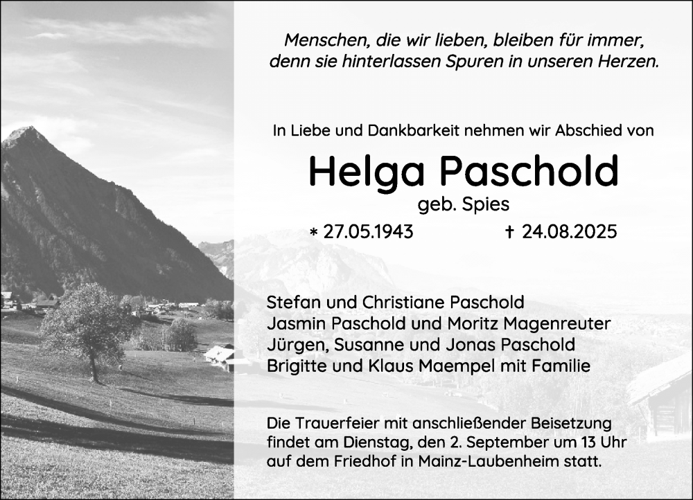  Traueranzeige für Helga Paschold vom 30.08.2025 aus Allgemeine Zeitung Mainz