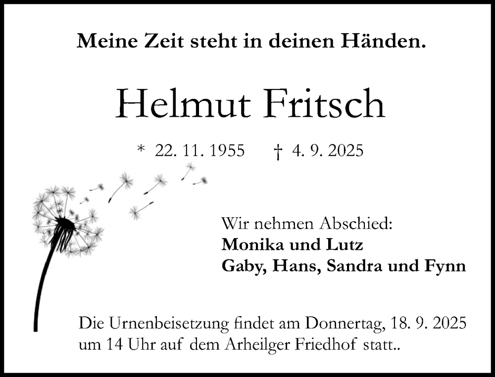  Traueranzeige für Helmut Fritsch vom 13.09.2025 aus Darmstädter Echo