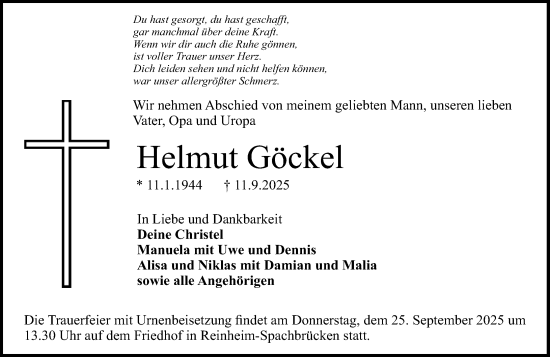 Traueranzeige von Helmut Göckel von Darmstädter Echo