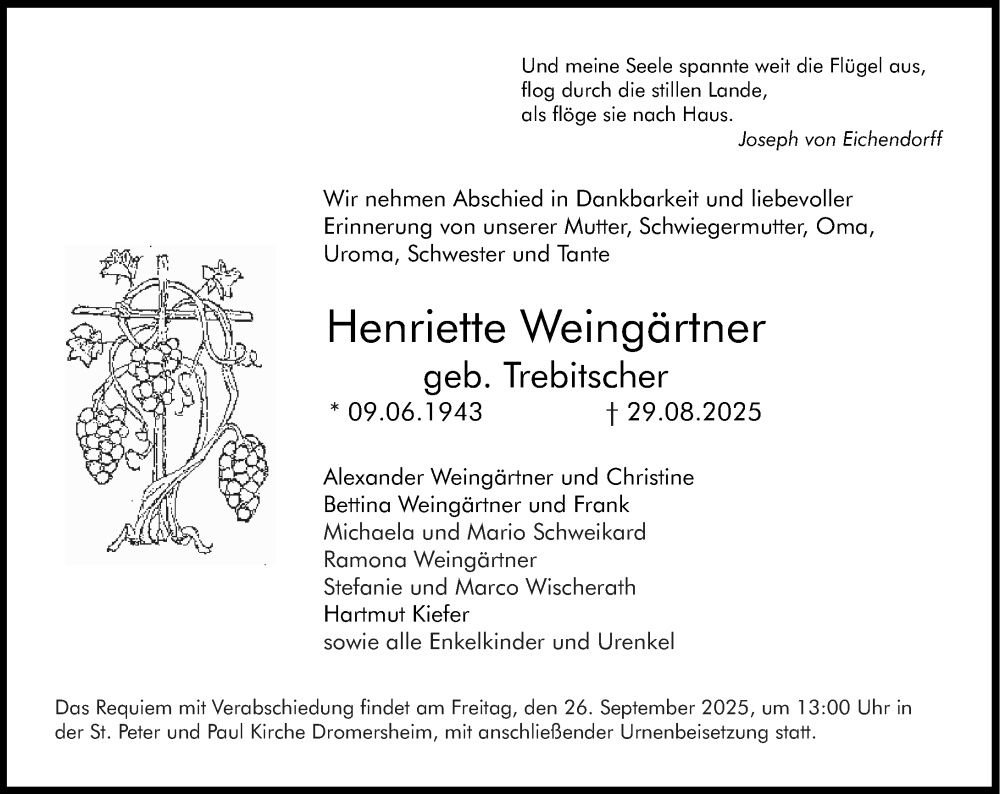  Traueranzeige für Henriette Weingärtner vom 20.09.2025 aus Binger-/Ingelheimer Wochenblatt