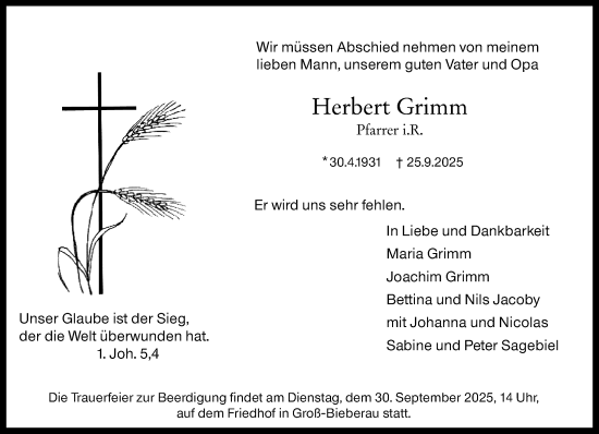 Traueranzeige von Herbert Grimm von Darmstädter Echo